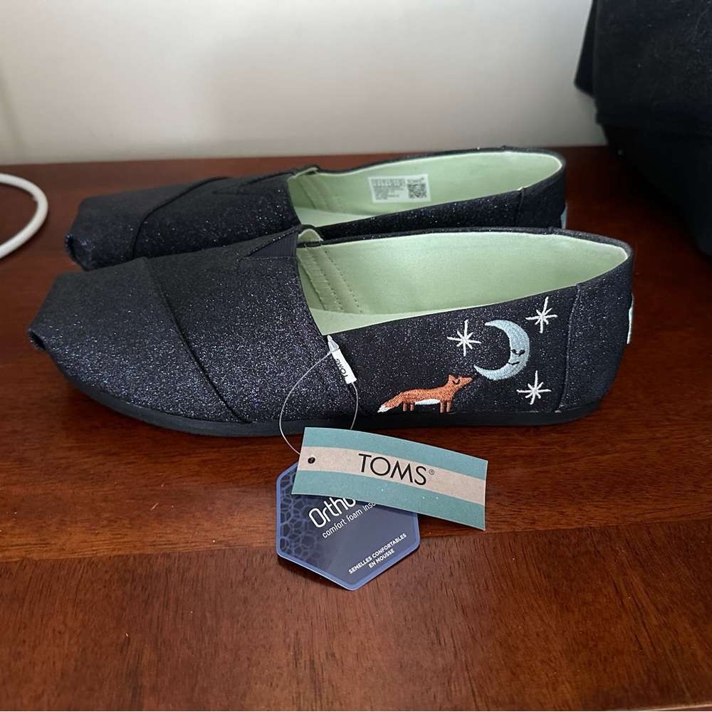 TOMS Midnight Blue Sparkle Glitter Embroidered Fox Women’s Size 9 Shoes